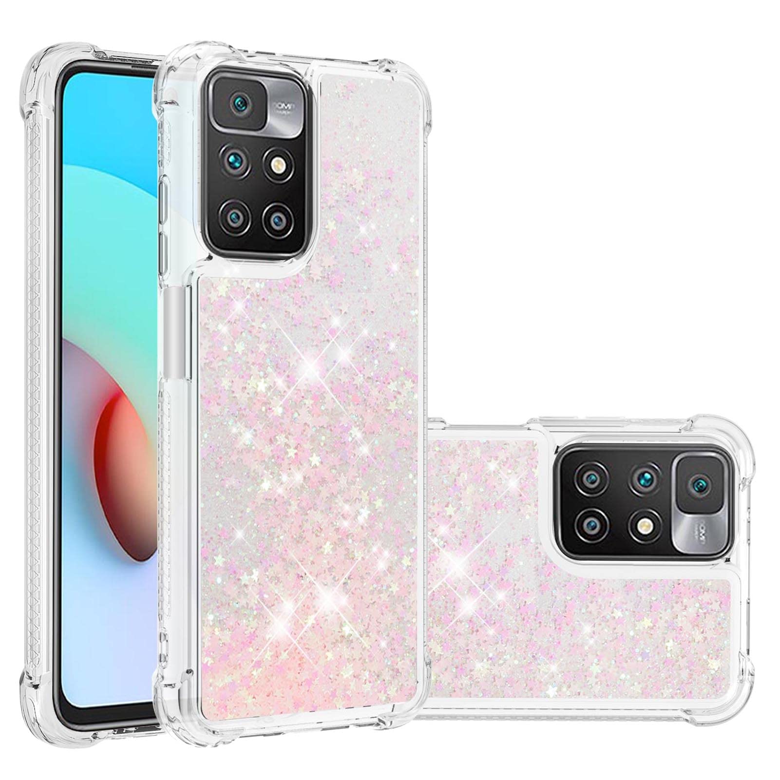 IMIRST Silicone Phone Case for Xiaomi Redmi 10, Corner Airbag Fall Protection Bling Glitter Quicksand Liquid Sparkle TPU Case Cover for Xiaomi Redmi 10. YBW Star Pink