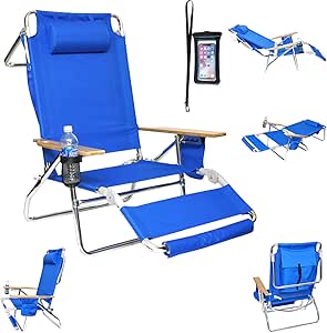 Deluxe 5 Pos Lay Flat High Aluminum Beach Chair Lounge Chaise With Foot Rest Large Storage Waterproof Cell Pouch Sports Outdoors Amazon Com