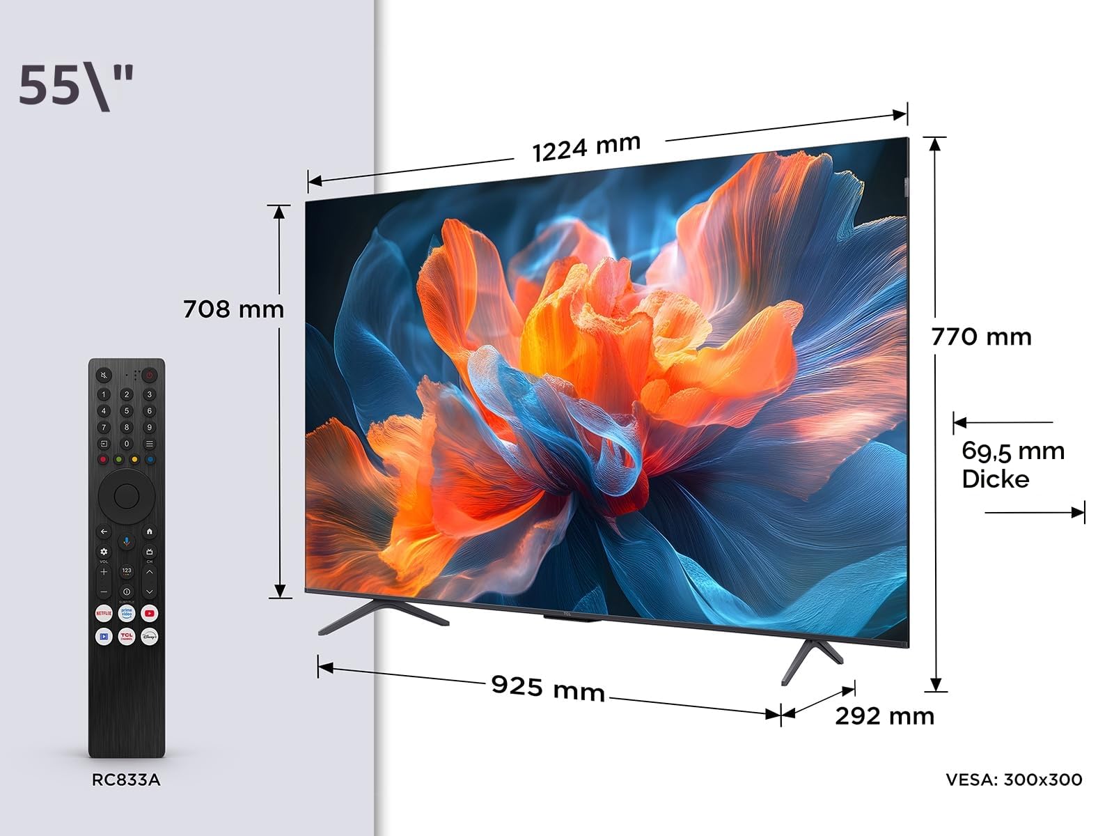 TCL 55T8C 55 Zoll QLED 4K HDR UHD Fernseher, Smart Google TV Dolby Vision & Atmos, 144Hz Motion Clarity Pro, Game Bar, ALLM, FreeSync, Onkyo 2.1 Sound, Sprachsteuerung, Kompatibel mit Google Assistant 2