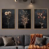 Aryroi Large Moody Dark Floral Framed Canvas Wall Art Set- 16"x24"x3 | Vintage Mid Century Dried Flower Wall Decor,Modern Boho Wildflower Botanical Artwork for Living Room,Bedroom,Farmhouse
