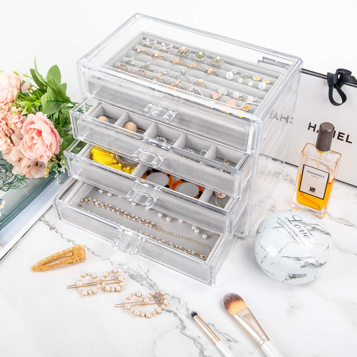 Mebbay Acrylic Jewelry Box with 4 Drawers, Velvet Jewelry Organizer for Earring Necklace Ring & Bracelet, Clear Jewelry Display Storage Case for Woman, Grey: Home & Kitchen