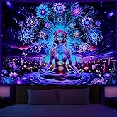Dermijer Blacklight Seven Chakra Yoga Meditation Tapestry Flower Chakra Tapestries Galaxy Space Planet Tapestry UV Reactive Lotus Spiritual Tapestries Wall Hanging for Home Decor 59.1L x 51.2W