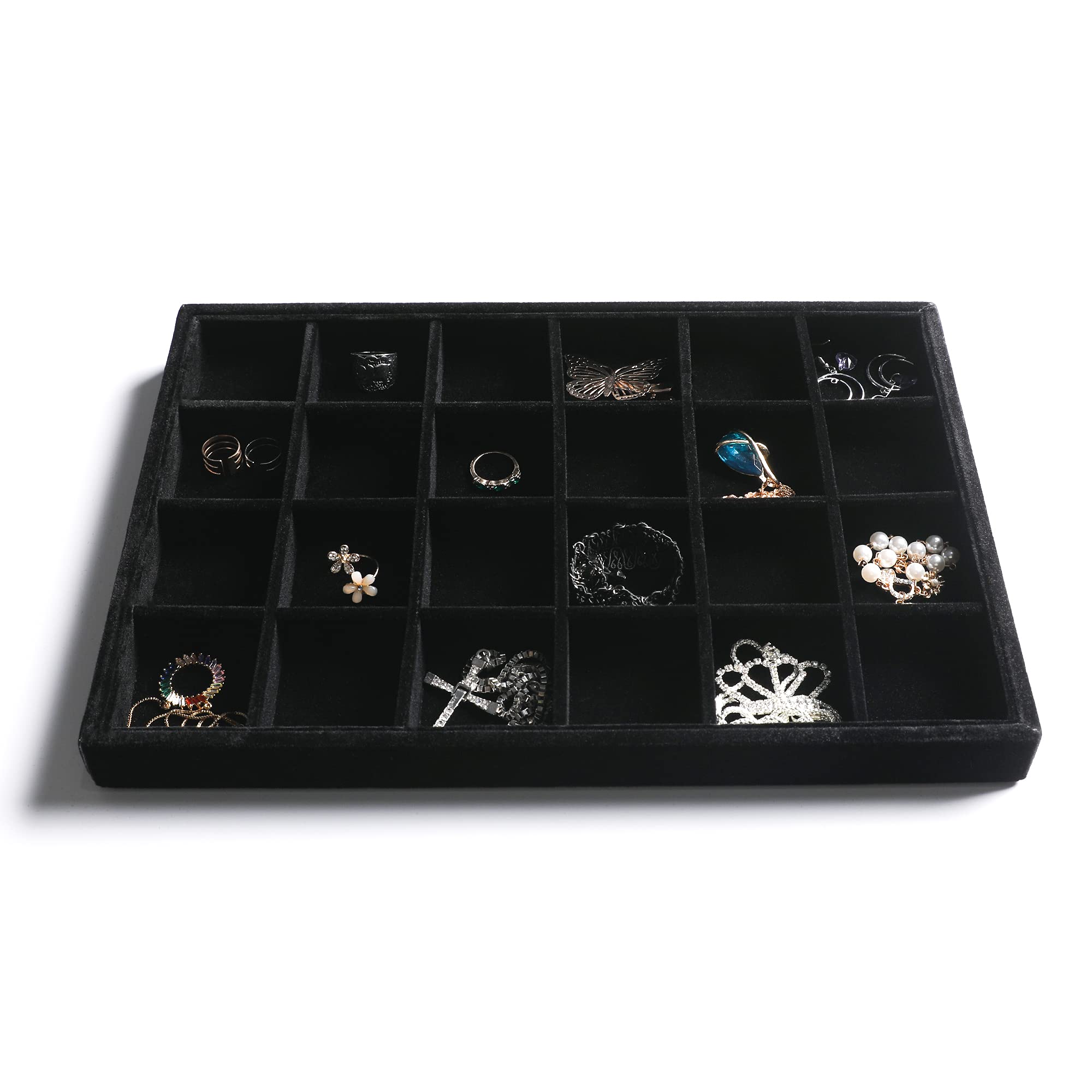 Frebeauty Stackable Velvet Jewelry Organizer Trays for Drawers Inserts Jewelry Storage Tray Display Case, Stud Earrings Bracelets Necklace Rings Accessories Trays for Women (Set of 2 Black)