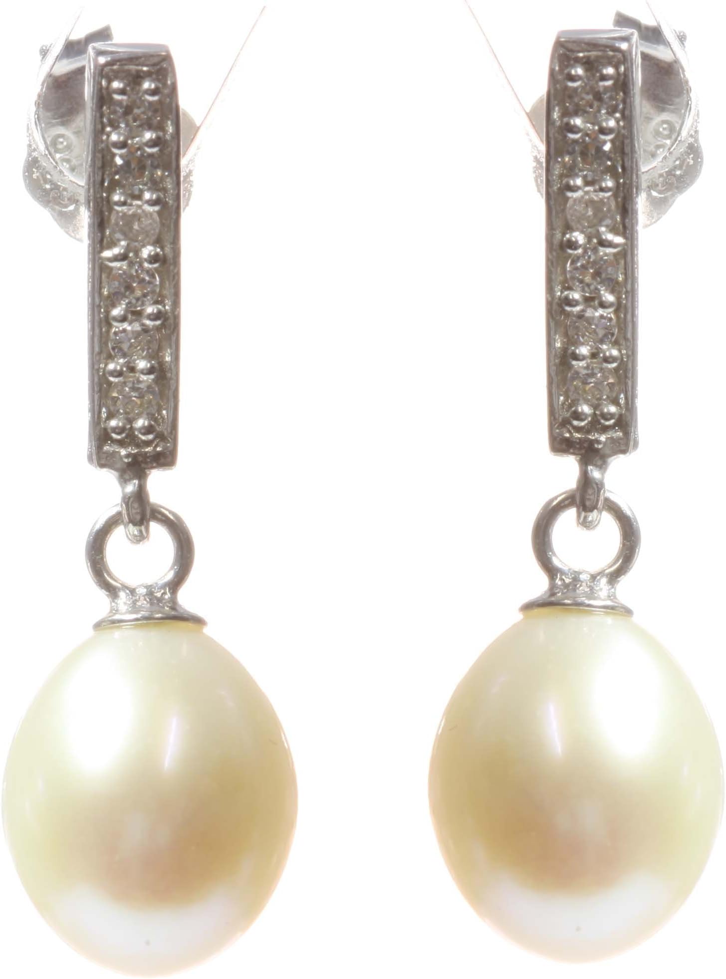 Classical 925 Sterling Silver 8.0mm Freshwater Cultured Pearl Ladies Drop Earrings with Cubic Zirconia/CZ