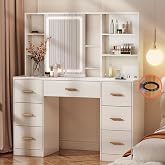 knoworld 47'' Large Vanity Desk with Mirror and Lights, 7 Drawers, 8 Storage Shelves Vanity Table, Big Makeup Vanity Desk with 3 LED Lighting Modes, Vanity Dresser with Outlet, Sliding Mirror (White)
