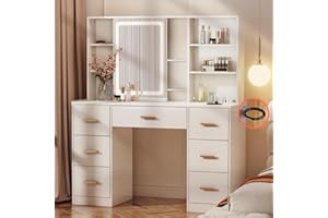 knoworld 47'' Large Vanity Desk with Mirror and Lights, 7 Drawers, 8 Storage Shelves Vanity Table, Big Makeup Vanity Desk with 3 LED Lighting Modes, Vanity Dresser with Outlet, Sliding Mirror (White)
