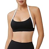 Mustcan Women’s Color Block Halter Sports Bra–Built in Pads Low Impact Workout Open Back Fitness Athletic Crop Tops