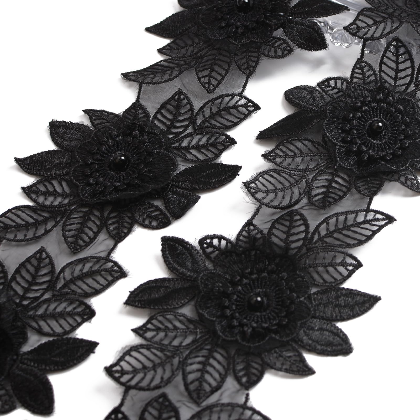 URROMA Black Flower Lace Trim, 2 Yards Organza Ribbon Embroidery Lace Trim Lace Edge Trim Lace Sew On Floral Embroidered Applique Patch, 8.5 cm Wide