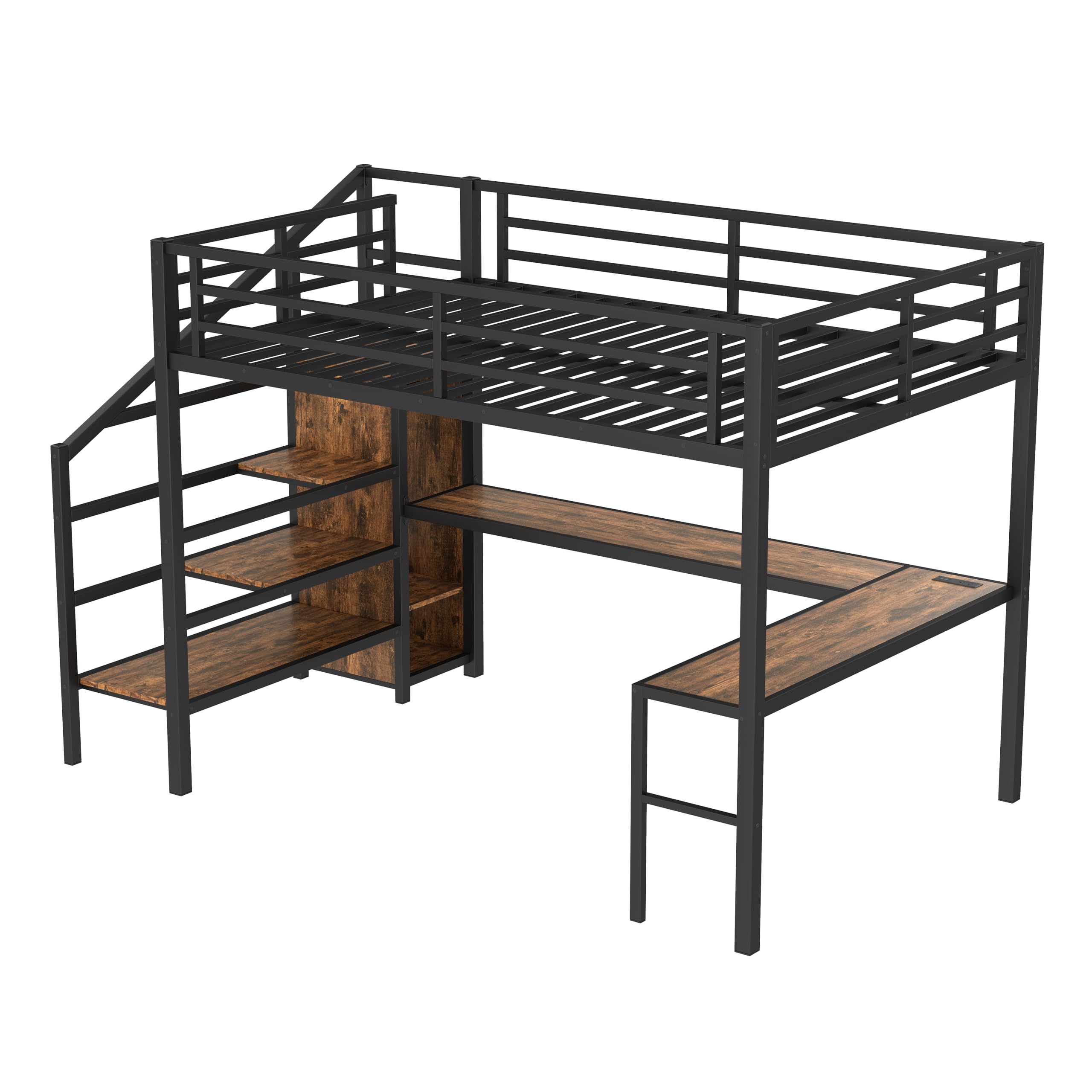Photo 1 of ***(BOX 2 OF 2 -MISSING BOX #1 -SELLING AS IS )*** Bellemave Queen Loft Bed with Desk & Wardrobe, Heavy Duty Metal Loft Beds Frame with Storage Stairs, LED Loft Bed Queen Size with Charging Station & Safety Guardrails, Dark Wood Grain