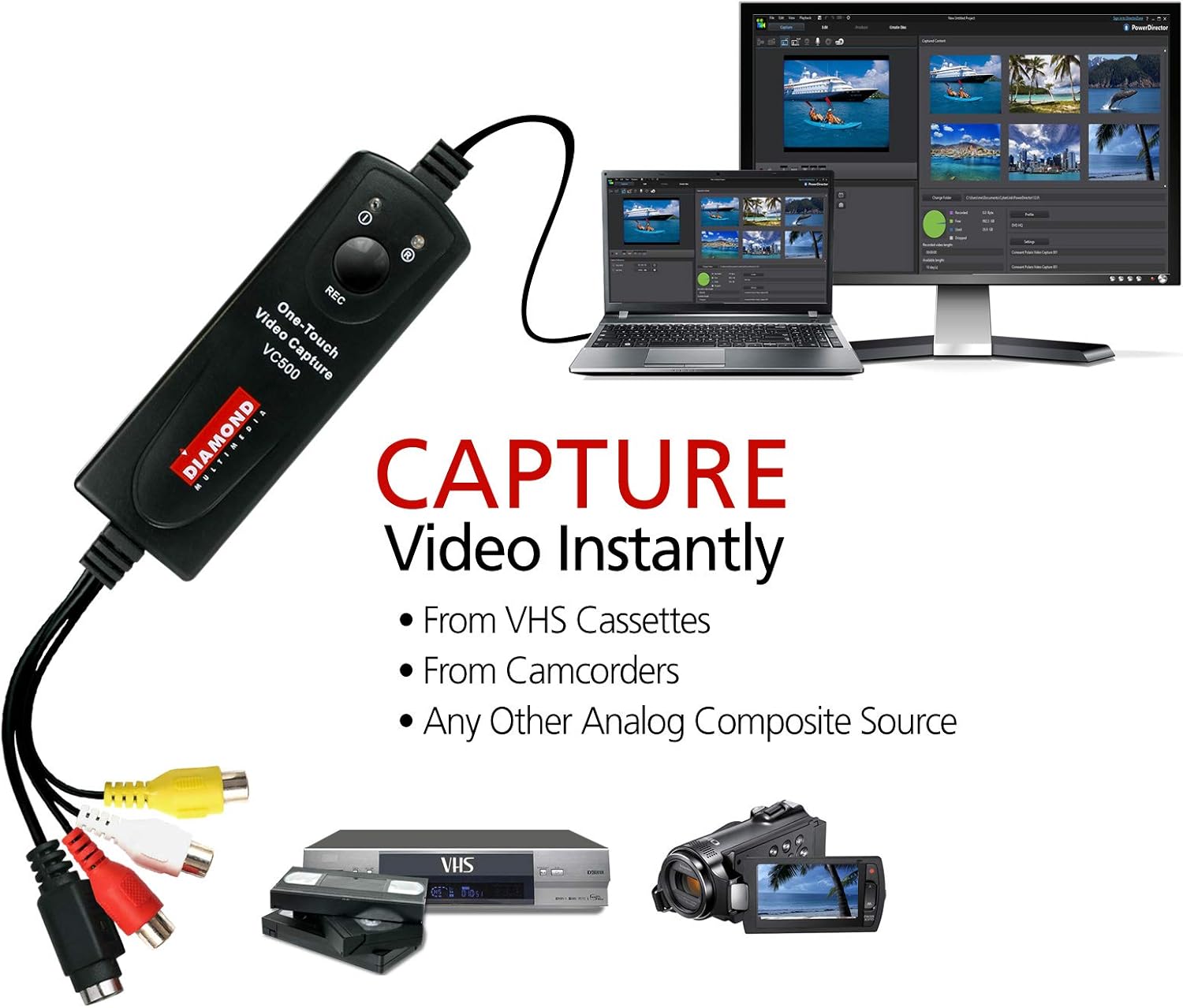 Diamond VC500 USB 2.0 One Touch VHS to DVD Video Capture Device with Easy to use Software, Convert, Edit and Save to Digital Files For Win7, Win8 and Win10: Computers & Accessories