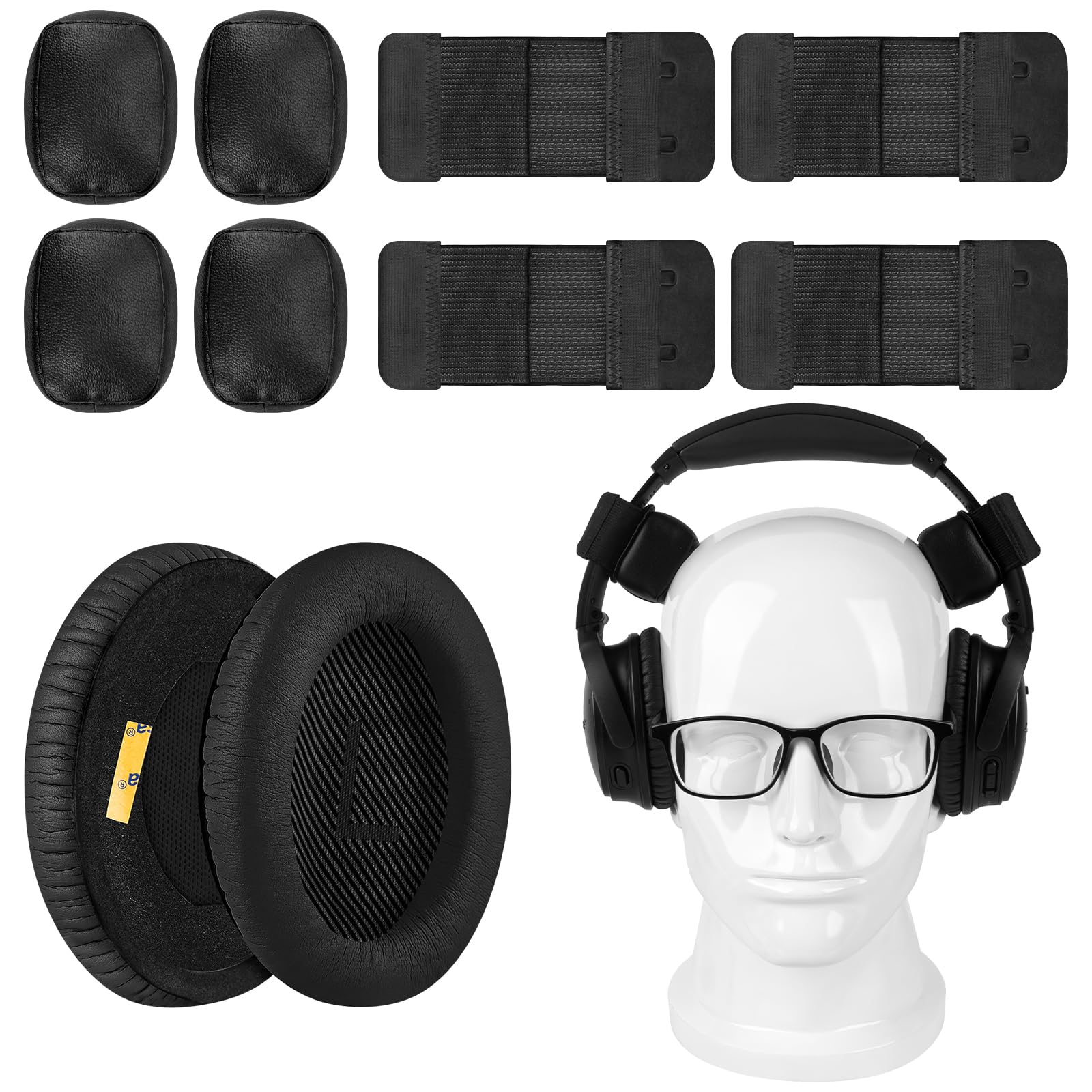 Geekria Earpads Kit with Pressure-Relief Cushions for Glasses Wearers, Compatible with Bose QC45, QC35, QC35 ii, SoundLink Around-Ear, New QuietComfort (Black)