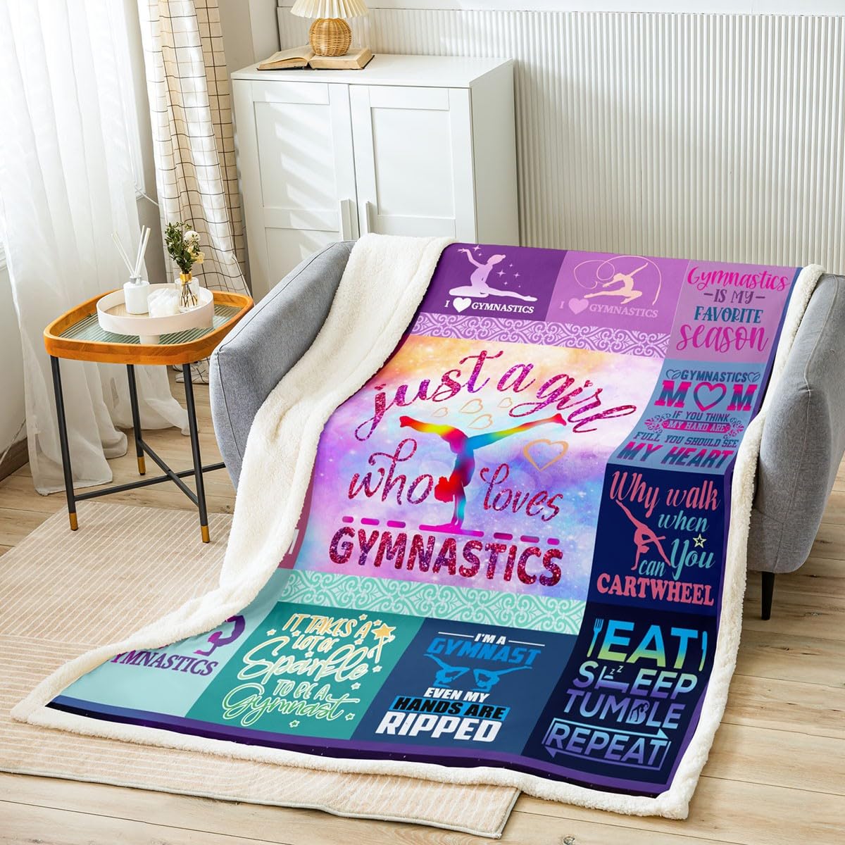 Gymnastics Fleece Throw Blanket Kids Girls Gymnastics Plush Blanket for Boys Teens Sherpa Blanket Gifts for Gymnasts Lovers Purple Fuzzy Blanket Room Decor Single 50x60 Inch