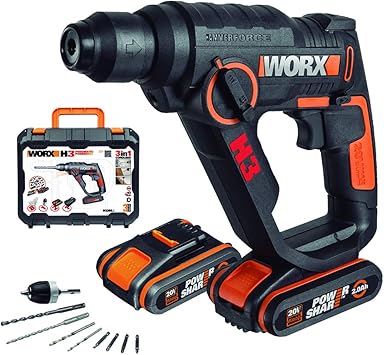Worx Wx390 1 Bohrhammer Sds Plus 20v Bohrmaschine Mit Pneumatischem Hammerwerk Zum Schrauben Bohren Und Hammern 1 2 Joule Schlagenergie Mit 2 Li Ion Akkus Ladegerat Und Koffer Amazon De Baumarkt