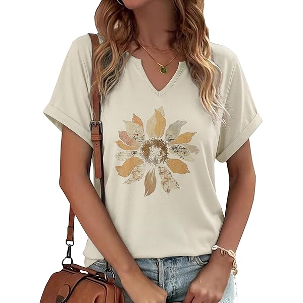 トップス vintage wave design high neck tops PUCKOLITY Vintage Poppy Flower V Neck Shirt for Women Poppy Flower