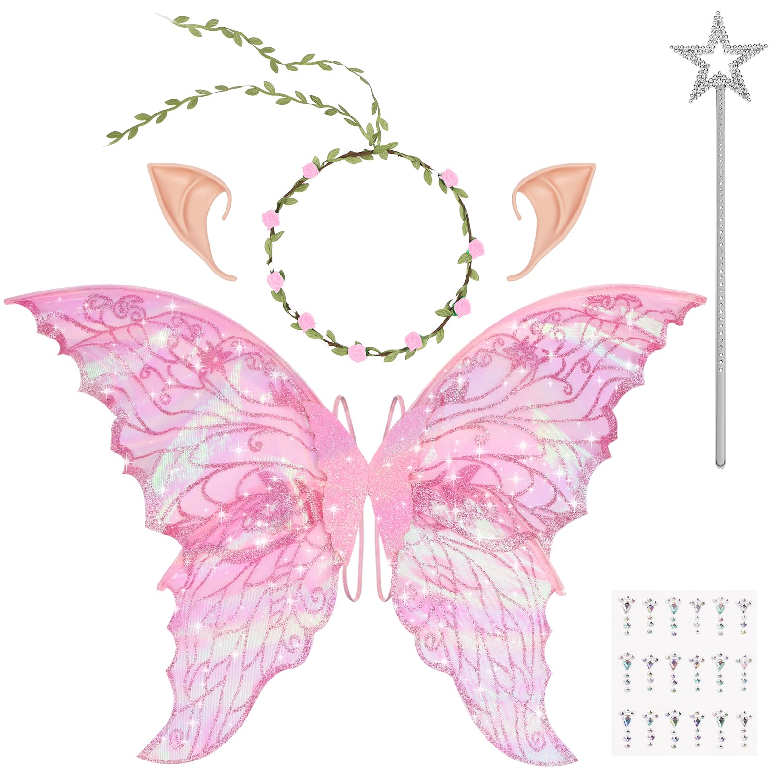 DiULi Fairy Wings, Kids Butterfly Wings Cape Fairy Angel Princess Costume Fairies Wing Set With Wands Crown Ears Fairies Flower Headband Diamond Sticker for Halloween Birthday Chrismas Part(Pink)