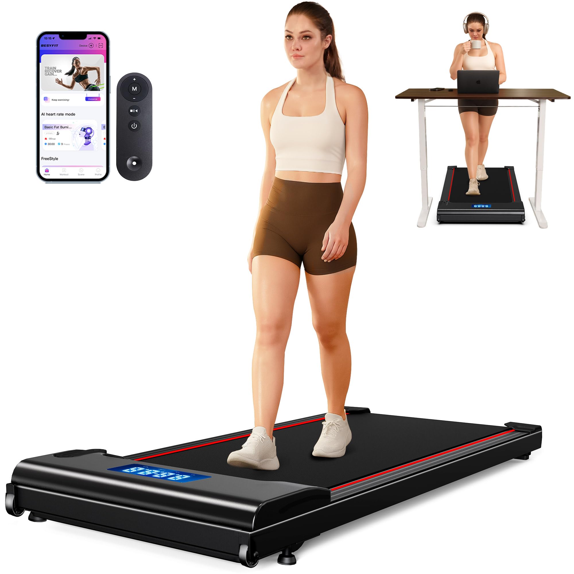 Photo 1 of Hartwares NeoSilent Walking Pad Under Desk Treadmill for Home with BLDC Core and Extra-Large Belt, App and Remote Control, Portable and Compact for Small Space Red Black