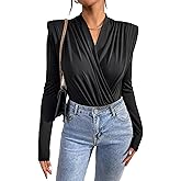 WDIRARA Women's Wrap V Neck Long Sleeve Shoulder Pads Bodysuit Elegant Shirt