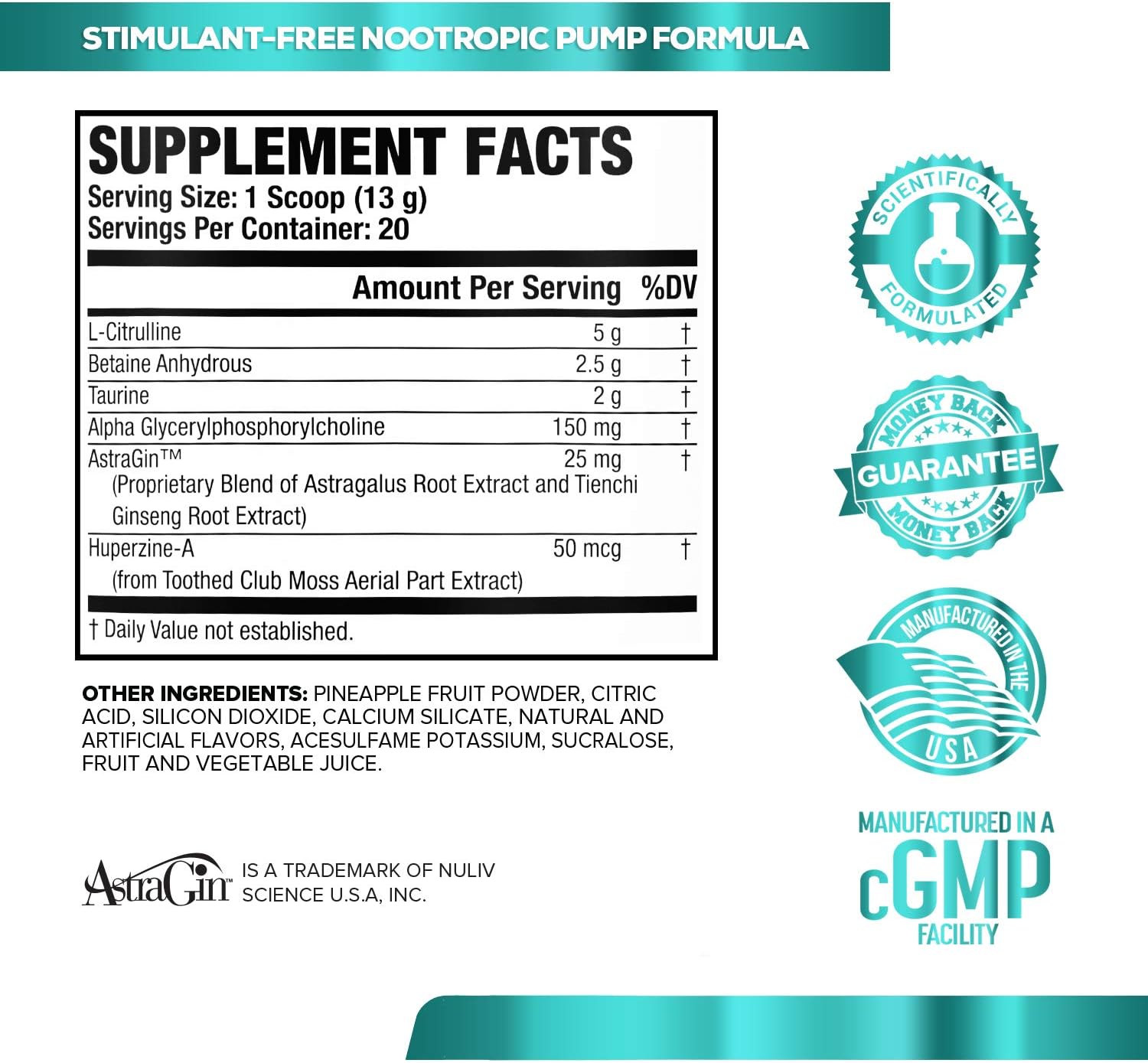 PUMPSURGE Caffeine-Free Pump & Nootropic Pre Workout Supplement, Non Stimulant Preworkout Powder & Nitric Oxide Booster,20 Servings, Cherry Limeade, 9.2 OZ: Health & Personal Care