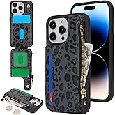 Cavor for iPhone 14 Pro Case with Card Holder,for iPhone 14 Pro Wallet Case for Women Men,Leather Magnetic Clasp Zipper Pocket Protective Phone Cover-Leopard Black