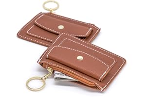 S&loyoe 2PCS Coin Purse Pouch Small Change Wallet with card slot Keychain Leather Cute Zipper Card Holder for Women/Men Litchi (Litchi stria brown)