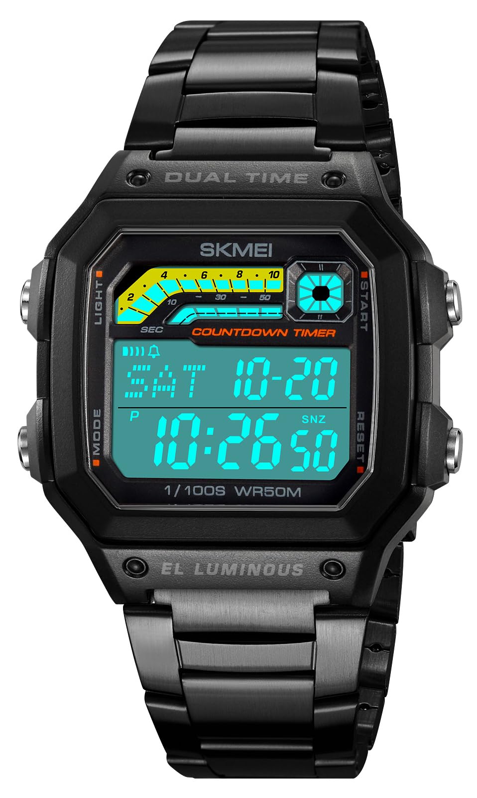 Classic Unisex Women's Men's Digital Multifunction Sports Watch Stainless Steel Band Square Waterproof Electronic Led Watch (Crystals Black)