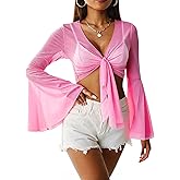 Rave Bell Mesh Crop Top for Women - EDC Festival Long Sleeve Tie Front Sheer Shirt Ruffle Fairycore Blouse Outfits