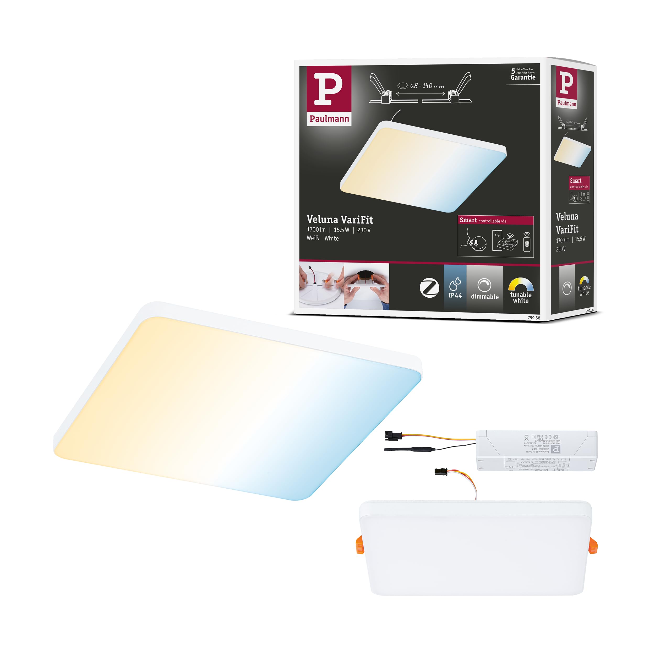 Paulmann 79958 LED panel recessed panel Veluna VariFit Edge 160x160mm rectangular Tunable White, white light control white plastic ceiling luminaire