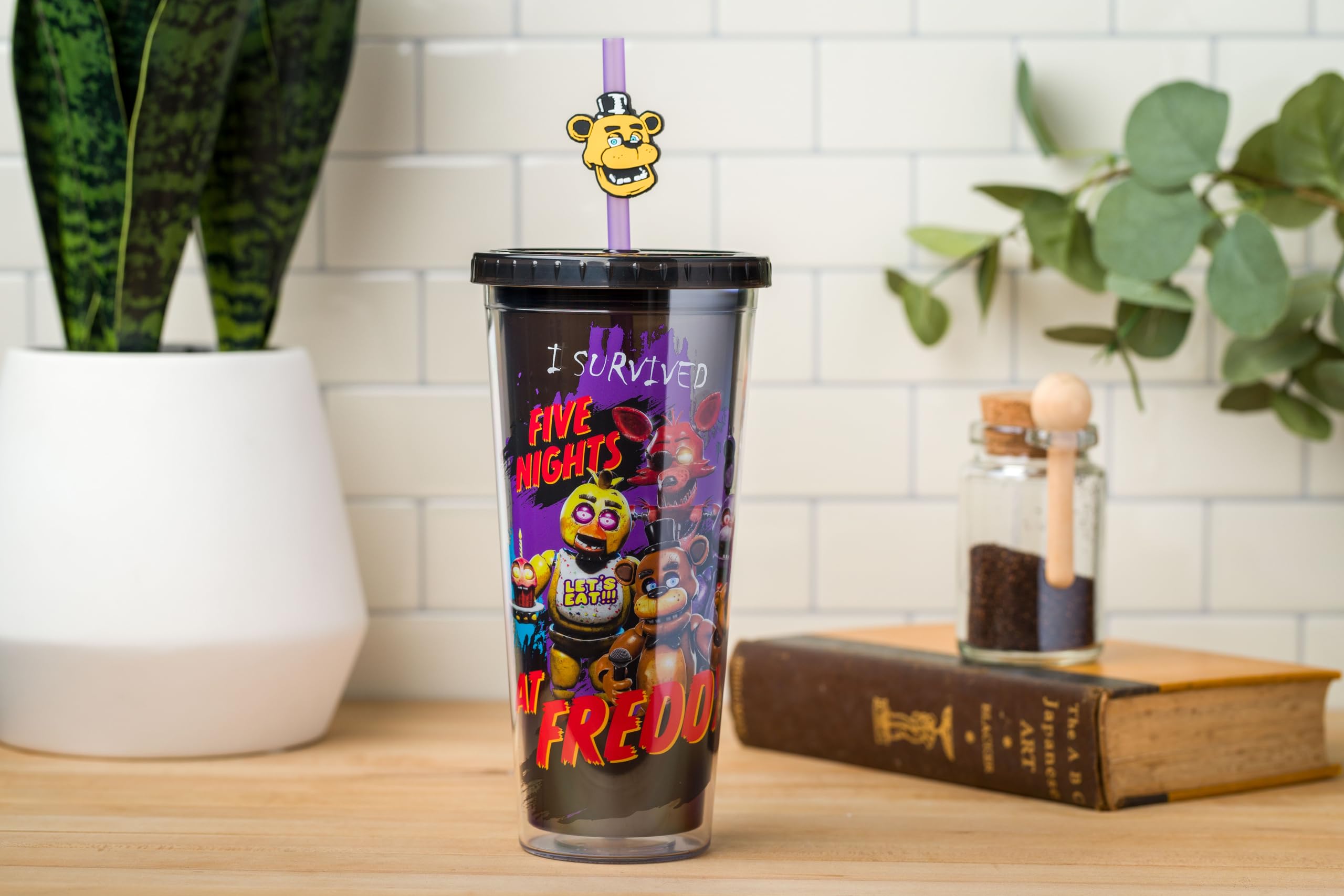 Silver Buffalo Five Nights at Freddy's Plastic Cold Cup with Lid and Straw Topper Featuring Freddy Fazbear, Foxy, Chica, and Bonnie, 24 Ounces
