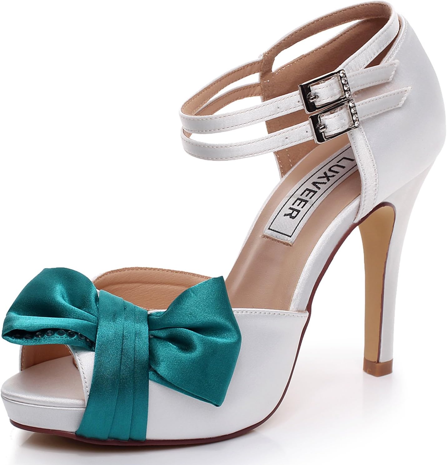 LUXVEER White and Teal Wedding Sandals with Bowknot 4 inch Heels,RS-9807-Sandals-Bowknot-EU35
