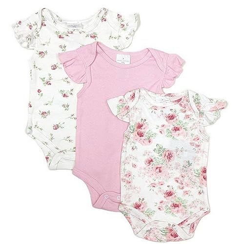 Laura Ashley Girls Newborn Baby 3 Pack Romper Vest Bodysuits, Baby Shower 0-3, 3-6, 6-9 Month (Design-1, 6-9 Months)