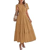 BTFBM Womens Summer 2026 Casual Midi Maxi Dresses Lightweight Short Sleeve V Neck Elastic Waist Boho Beach Dress Pockets