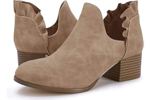 Fashare Womens Fall Cutout Booties Ankle Heels Low Stacked Ruffle Slip On Dress Short Boots Shoes