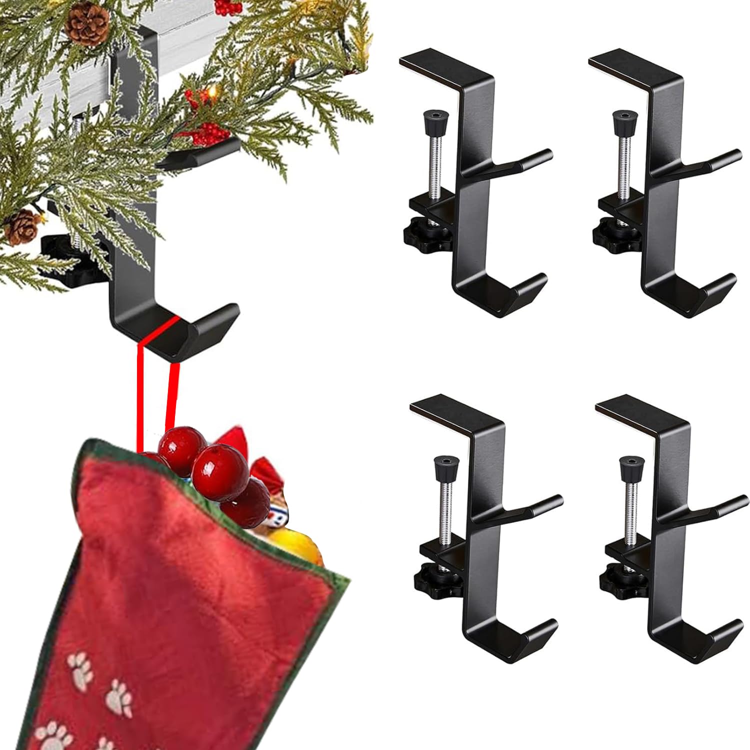 Photo 1 of 4 Pack Christmas Fireplace Stocking and Garland Hanger,Mantle Garland Holder for Hanging Christmas Stockings,Adjustable About 0.19 to 2.09 Inches Thickness Garland and Stocking Holder,Black