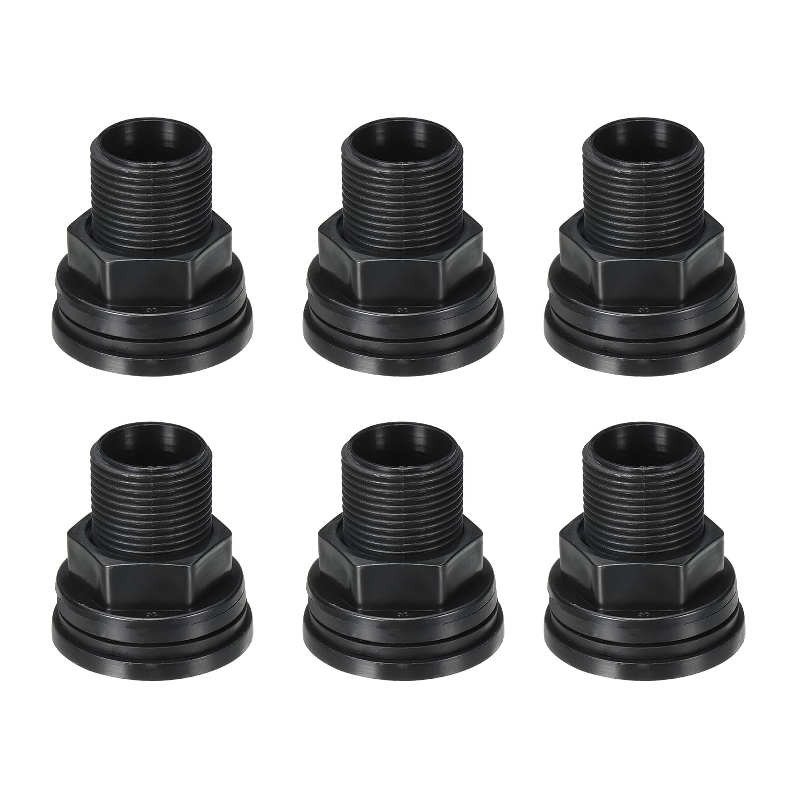 PATIKIL PVC Bulkhead Fitting 1/2 Female x 3/4" Male, 6 Pack Double Threaded Bulkhead Water Tank Connector with Seal Gasket for Rain Bucket, Sinks, Aquariums, Black