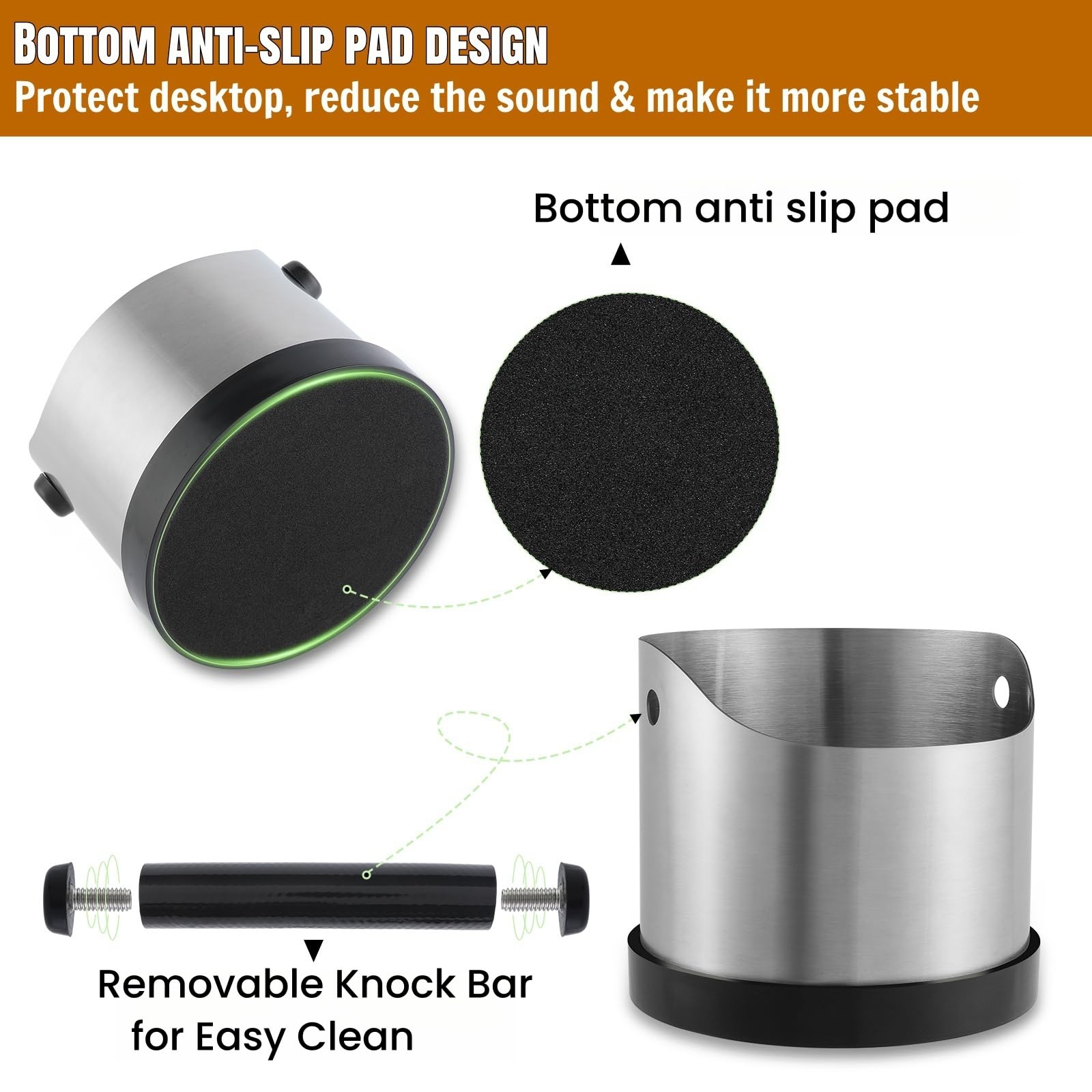 CHDEXU Abklopfbehälter für Siebträger, 700ml Klein Edelstahl Espresso Kaffee Knock Box, Abklopfschale Knock Box mit Abnehmbarer Knock Bar und Kaffeepinsel, Kaffeesatz Klopfbox mit Rutschfester Basis 5
