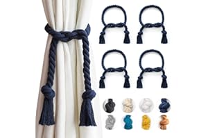 Yteseery 4 Pack Navy Blue Outdoor Curtain Tiebacks Rope, Natural Cotton Curtain Holders, Village Rural Rustic Curtain Holdbacks, Farmhouse Nautical Curtain Rope Tie Back for Drapery Patio