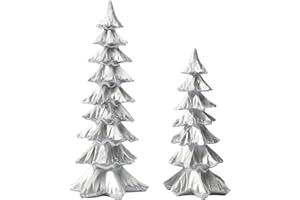 DN DECONATION Silver Christmas Tree Figurines, Set of 2 Modern Tabletop Xmas Trees, Metallic Resin Pine Decor for Mantel, Fireplace, TV Stand and Coffee Table Centerpieces