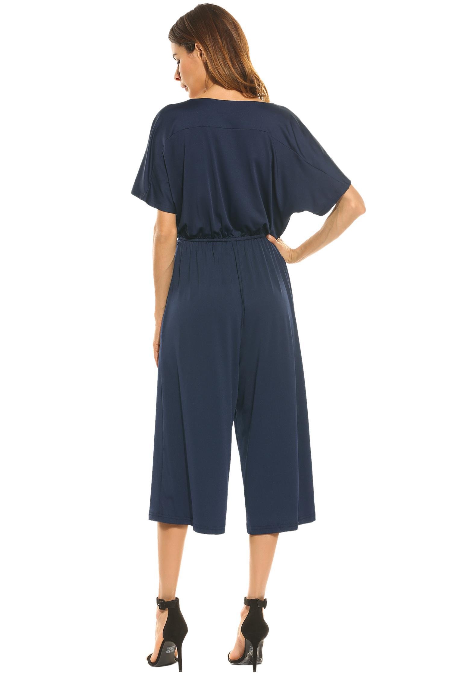 ELESOL Women\'s Cotton Sexy Wrap Deep V-Neck Loose Jumpsuit Romper With Pockets Navy Blue M