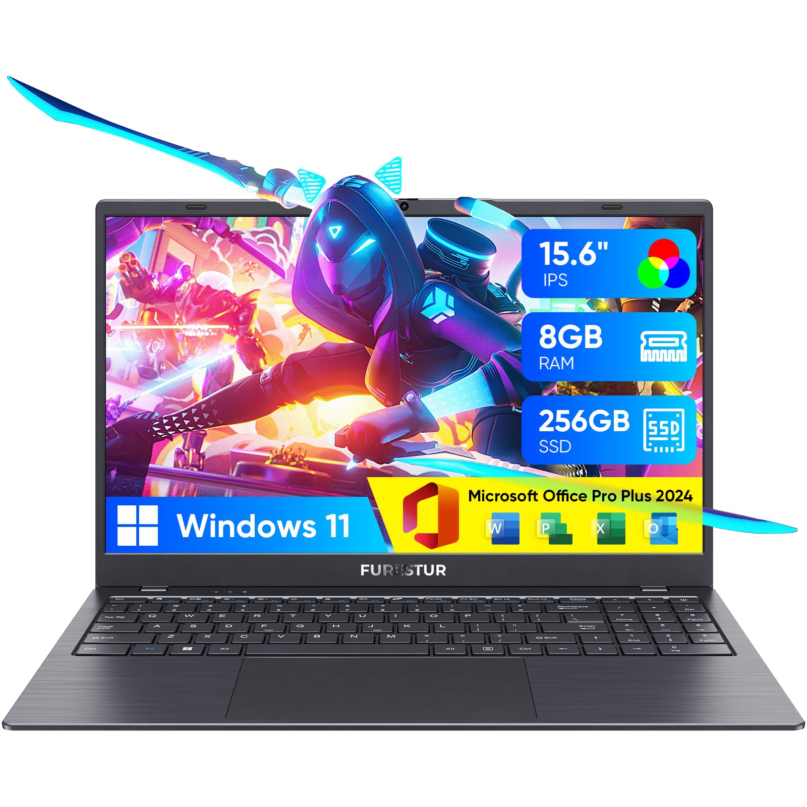 Photo 1 of FURESTUR 2025 New Laptop, 15.6 Inch Full HD IPS Laptop Computer, 8GB LPDDR4 RAM, 256GB SSD, N4000 Processor, Win11 Pro, Support Office Pro Plus 2024, Long Lasting Battery, WiFi 5, BT, USB 3.0, Webcam