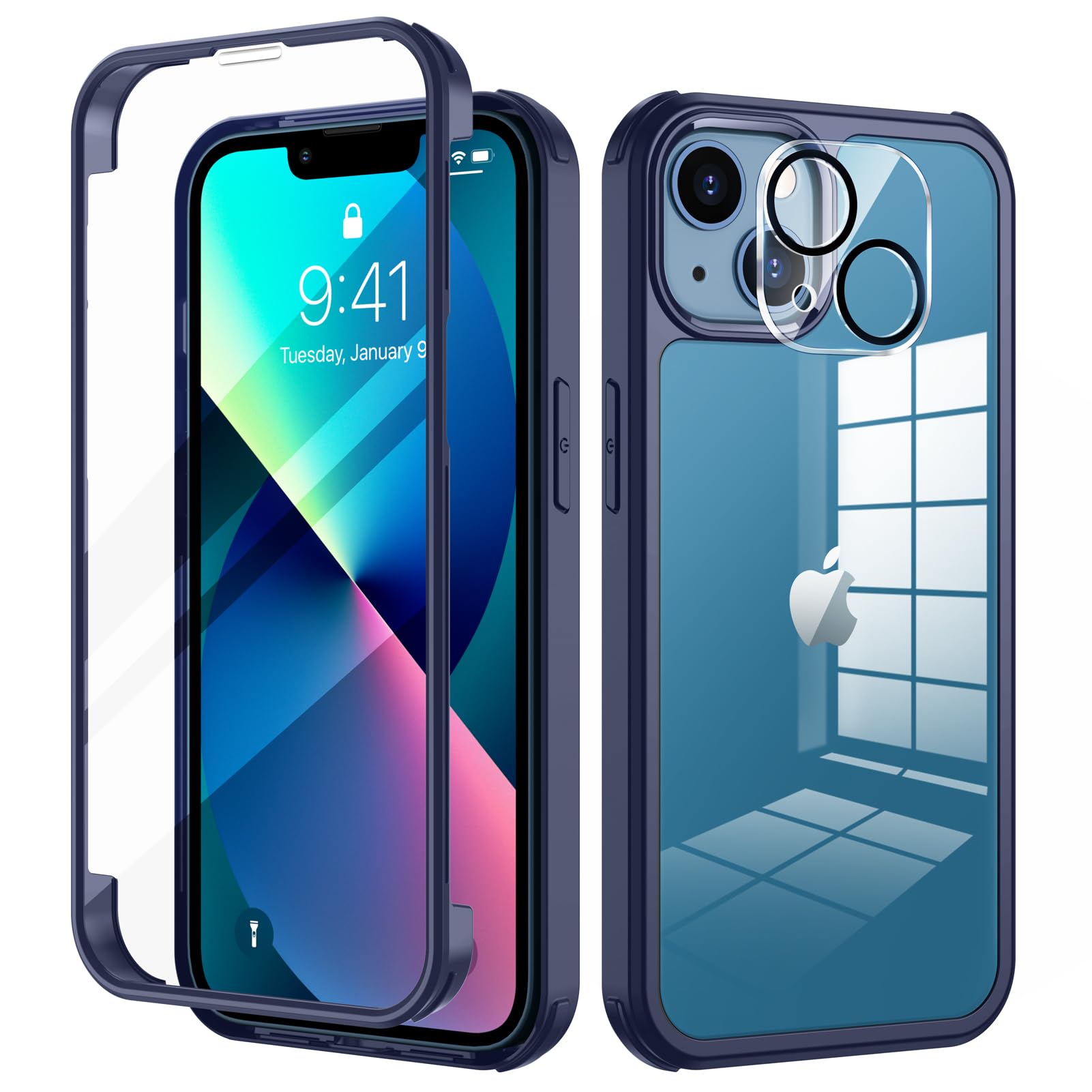 seacosmo for iPhone 13 Case 6.1 Inch, Full-Body Shockproof Case with Built-in Glass Screen Protector and Camera Lens Protector Rubber Bumper Phone Case Cover for iPhone 13 - Blue/Clear