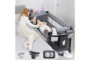 Bedside Crib 5-in-1 Baby Bassinet Bedside Sleeper with Storage, Pack and Play Bassinet Includes Diaper Changer/Mattress/Music