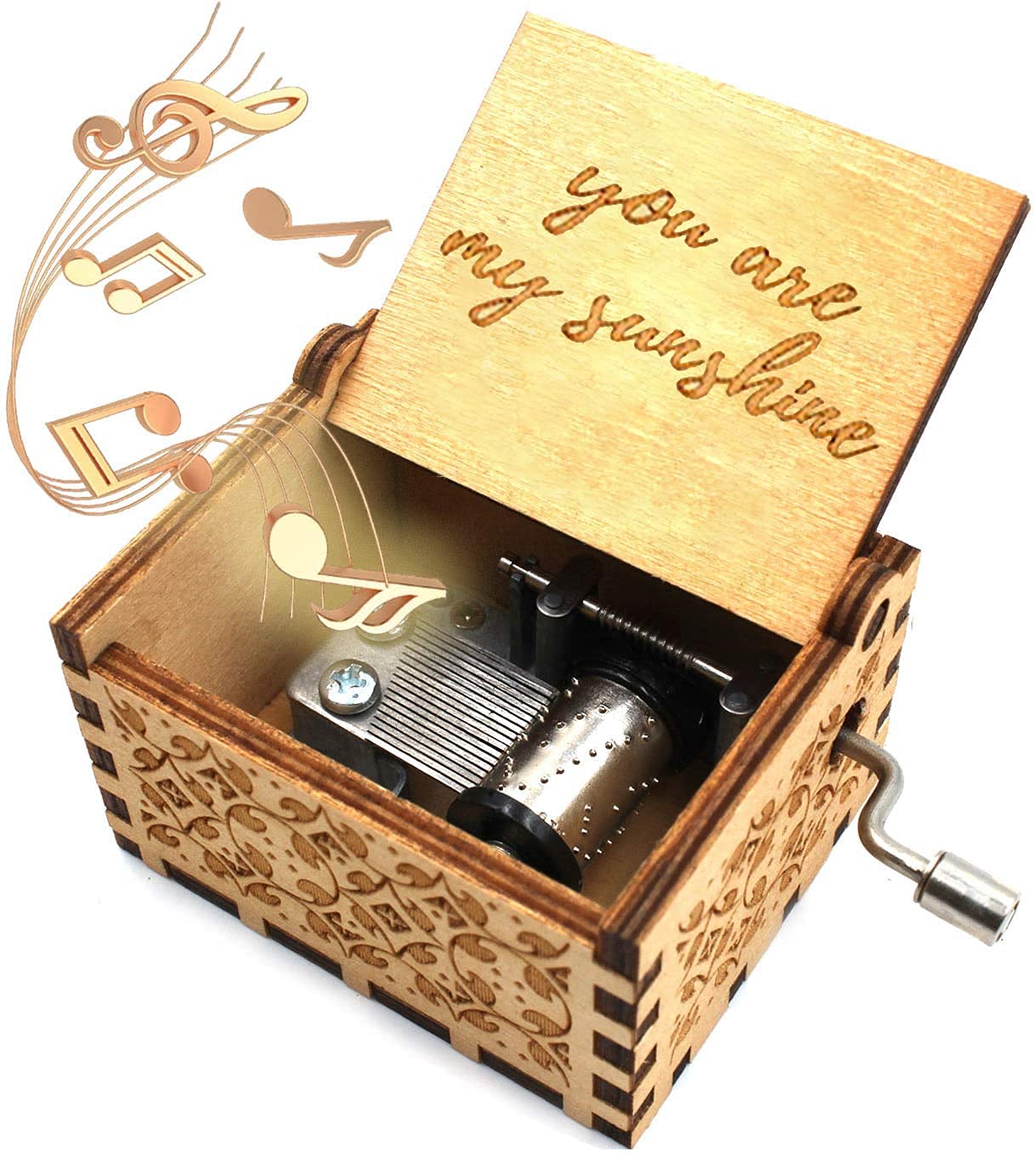 CAMKONG Laser Engraved Vintage Wooden Hand Crank Music Box, You are my Sunshine, Birthday, Christmas, Valentine's Day gift and also the best gift for friends and family.(Classic) โ image 1