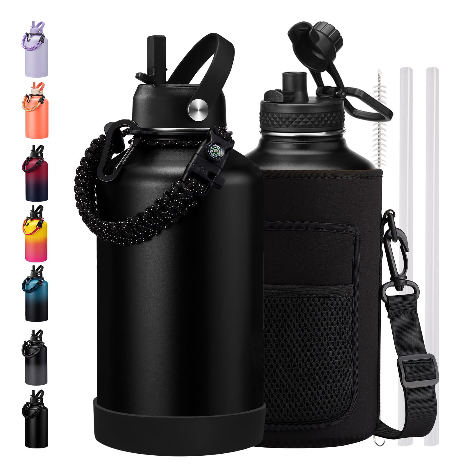 BENZZO 64 oz Water Bottle Insulated Leak Proof Travel Large 1/2 Half Gallon Water Jug Black for Christmas Image