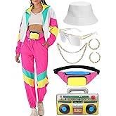VillbeCoser Women's 80s 90s Outfits Tracksuit Costume Accessories Set, Color Block Windbreaker Jacket Neon Fanny Pack