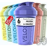 VELOMIX 6 Pack 20oz Shaker Cups for Protein Shakes, Pastel Shades | 6x Wire Whisk, Leak Proof Protein Shaker Bottle for Protein Mixes, Stackable, Multipack Value Set for Home, Gym and Car