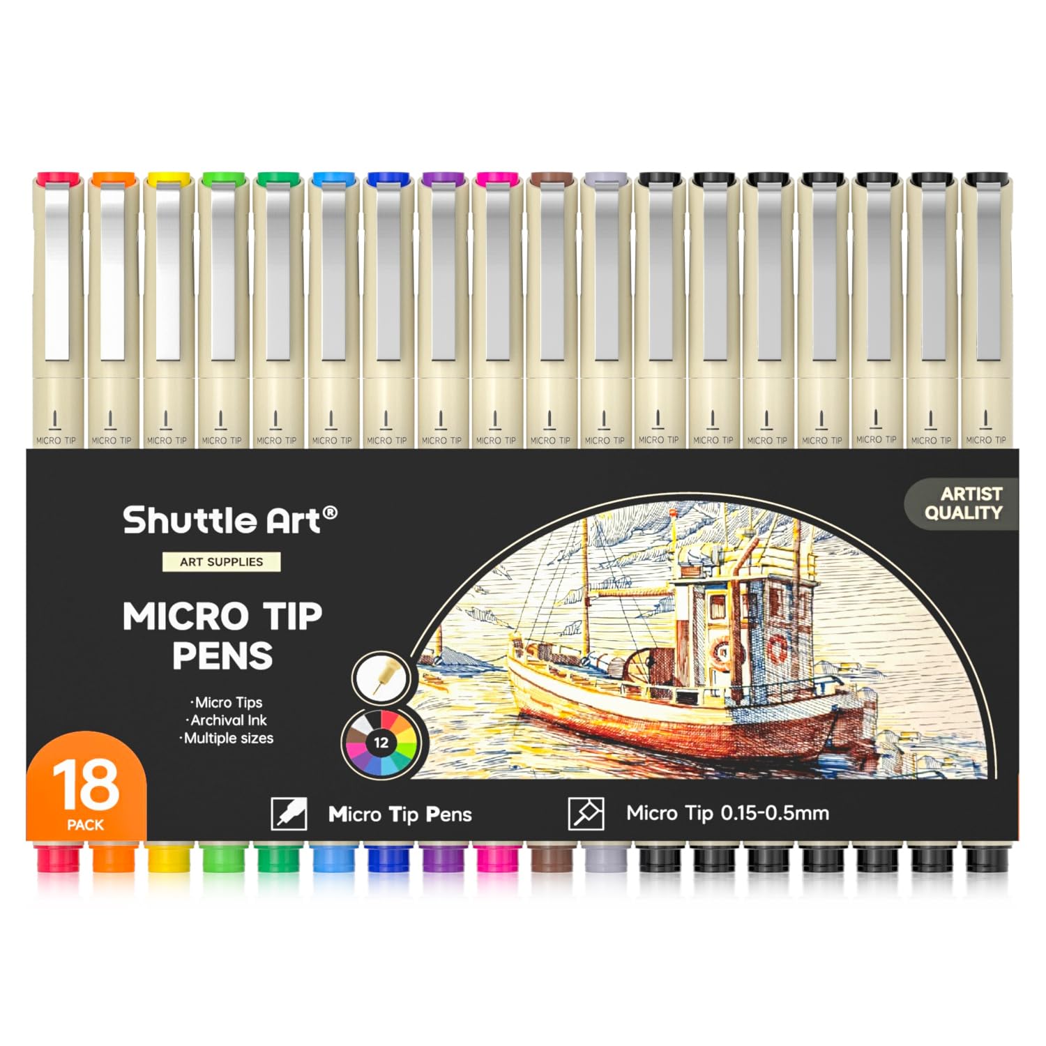 Shuttle Art 18-Pack Micro-line Pens - 11 Waterproof Archival Ink Colors in 0.3MM Felt Tip & 7 Blacks in 0.15-0.5MM For Journaling, Illustrating & Drawing