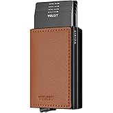 VULKIT Pop Up Wallet Automatic Leather Slim Credit Card Holder RFID Blocking Metal Double Card Case for Men and Women Brown