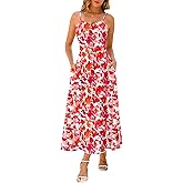 Maggeer Women's Summer Fall Adjustable Spaghetti Strap Ruched Maxi Dress Floral Boho Long Sundress with Pockets