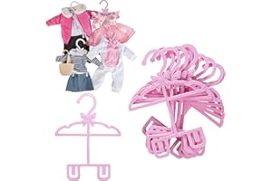 Dress Along Dolly Doll Full-Outfit Clothes Hangers for 18" Dolls - 12pk - Unique Design Holds Your Top & Bottom at Once Including Dresses, Pants, Shirts, Skirts & Accessories Gifts for Birthday, Pink