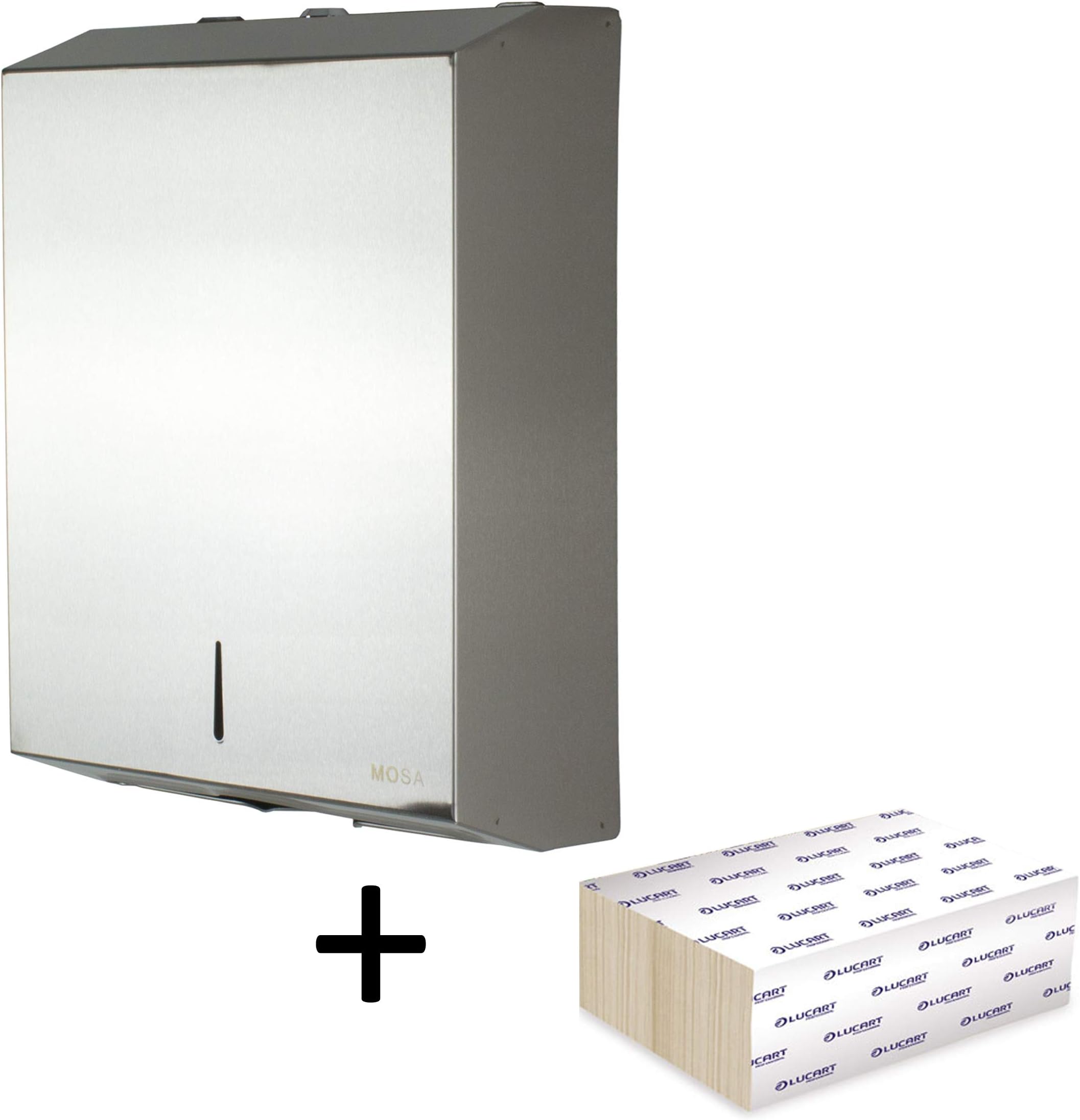 mosa Hand Towel Dispenser with Brushed Stainless Steel 201. Wall Mount Holder with 200 Sheets Z-Interfold Paper. Lockable, Designed for High Traffic and reduced Fingerprints (large)